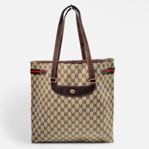 Gucci Vintage GG Canvas Web Stripe Tote Bag Brown Monogram Authentic